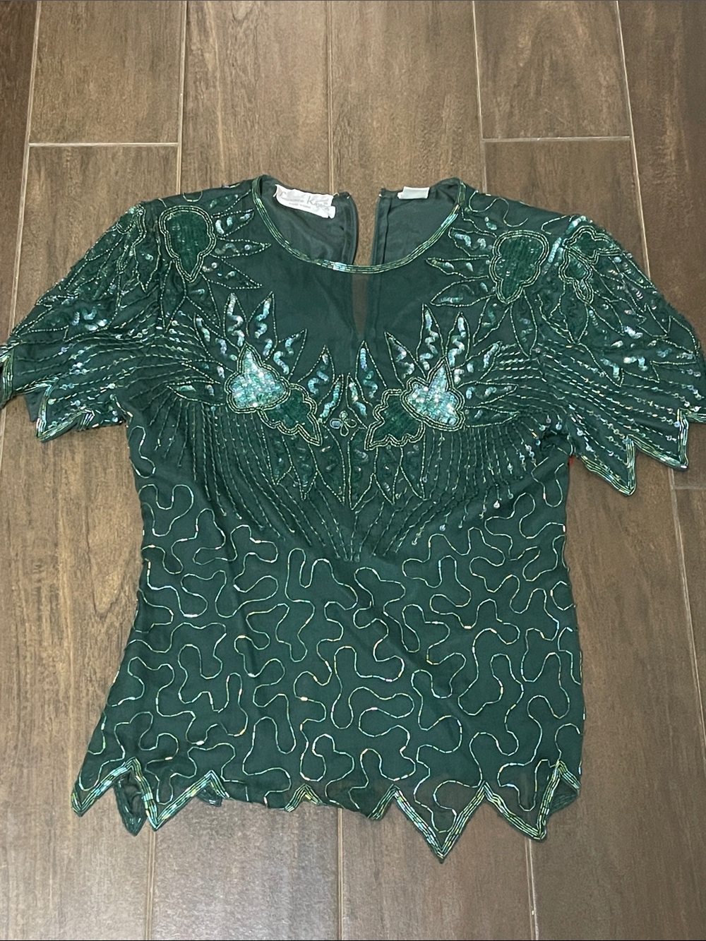 Laurence Kazar Emerald Green Beaded Short Sleeve Top